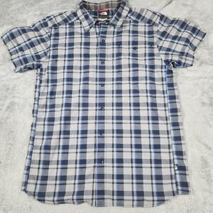 The North Face Shirt Mens Large Blue Gray Plaid Short Sleeve Snap Up Outdoors